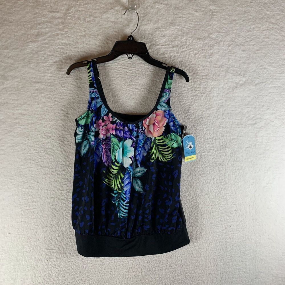 Swim Solutions Blouson Tankini Top Women's 8 Black Floral Underwire Shirred Neck